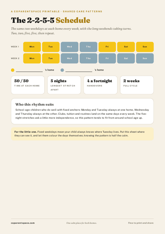 The 2-2-5-5 schedule printable, page one preview