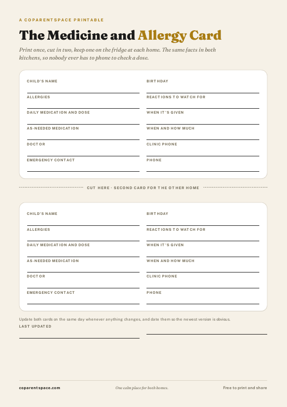 The medicine and allergy card printable, page one preview