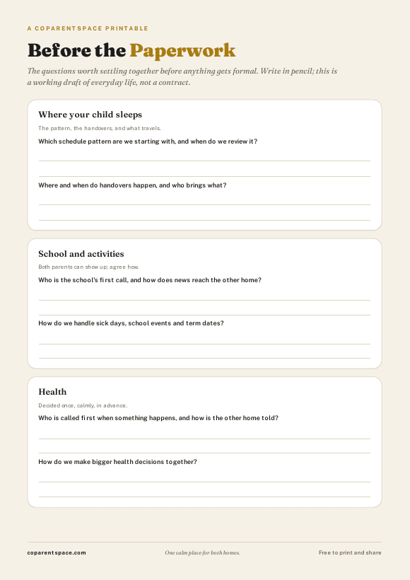 The parenting plan starter printable, page one preview