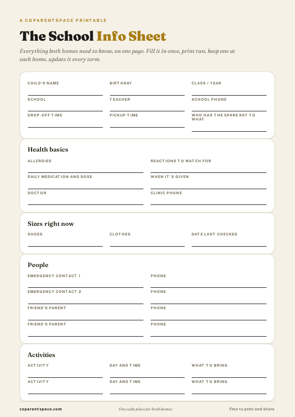 The school info sheet printable, page one preview