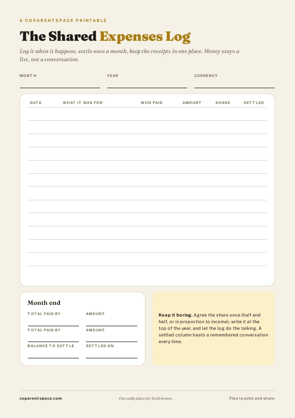 The shared expenses log printable, page one preview