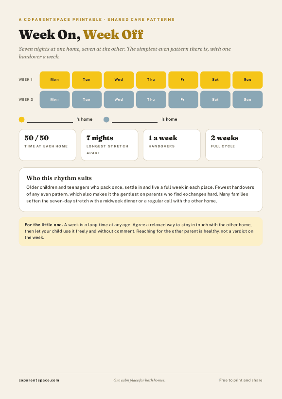 The week on, week off schedule printable, page one preview
